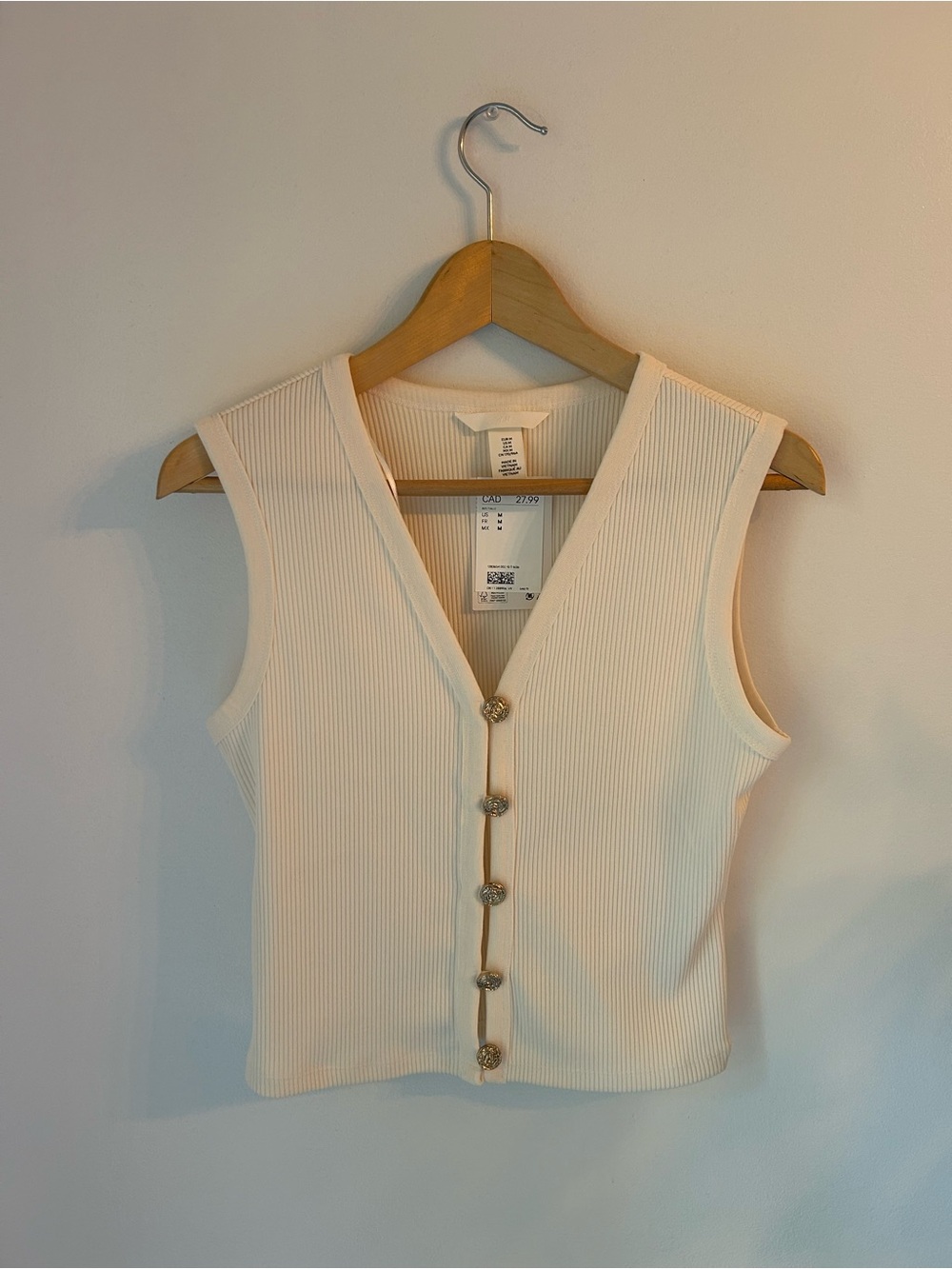 H&M Cream Ribbed V-Neck Tank with Gold Buttons - Picture 3 of 7
